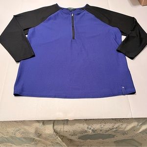 Lauren Ralph Lauren Womens SZ 2X Blue Black Quarter Zip‎ Waffle Knit Stretch Top